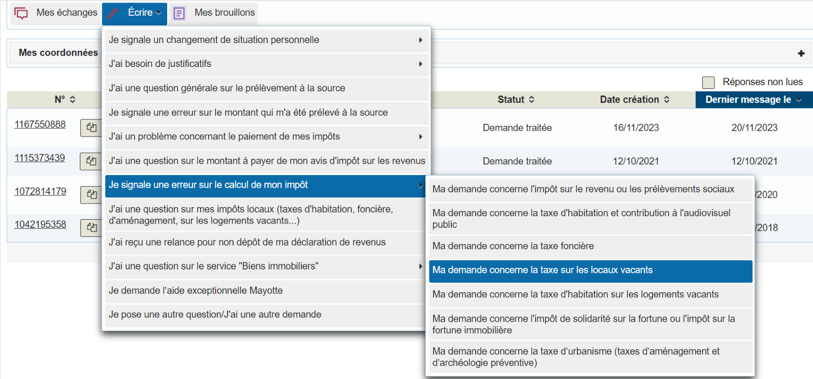 Ecrire / Je signale une erreur sur le calcul de mon impôt / Ma demande concerne la taxe sur les locaux vacants.